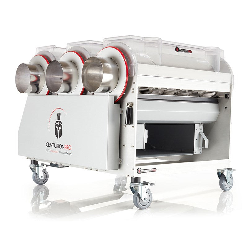 Industrial trimmer machine with white housing, red accents, metal rollers, on caster wheels