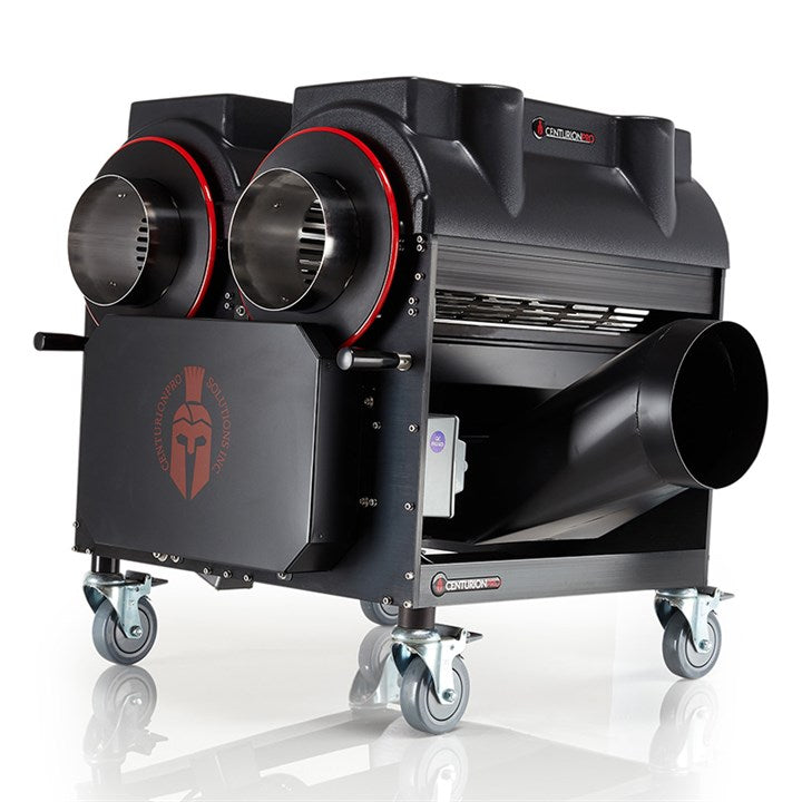 Black electric trimmer on caster wheels with two round vents and red accents