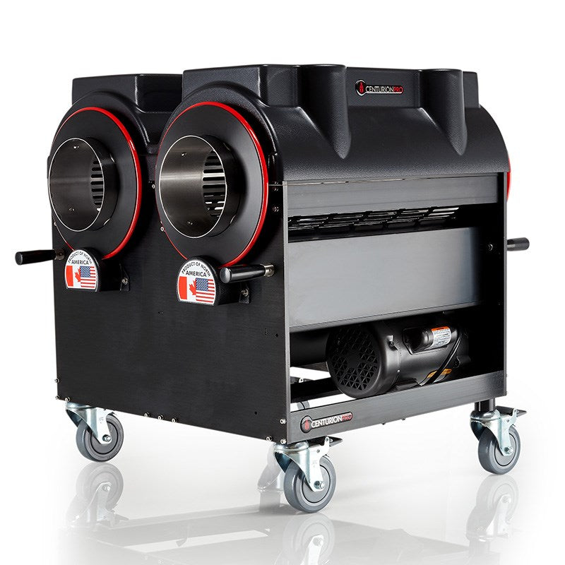 Black electric trimmer with two heated cylinders and red trim, on caster wheels