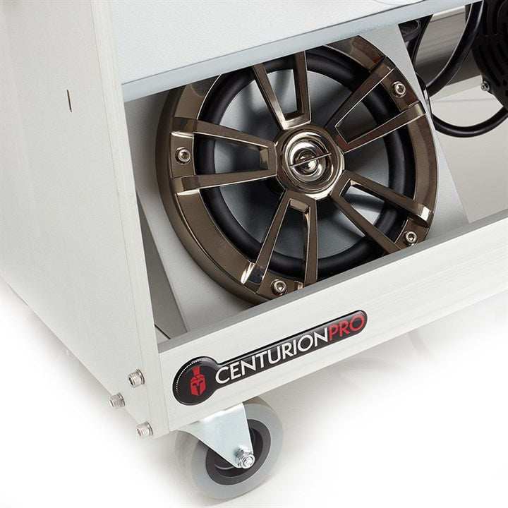 Silver bullet trimmer front wheel assembly with black fan blades and CenturionPro badge