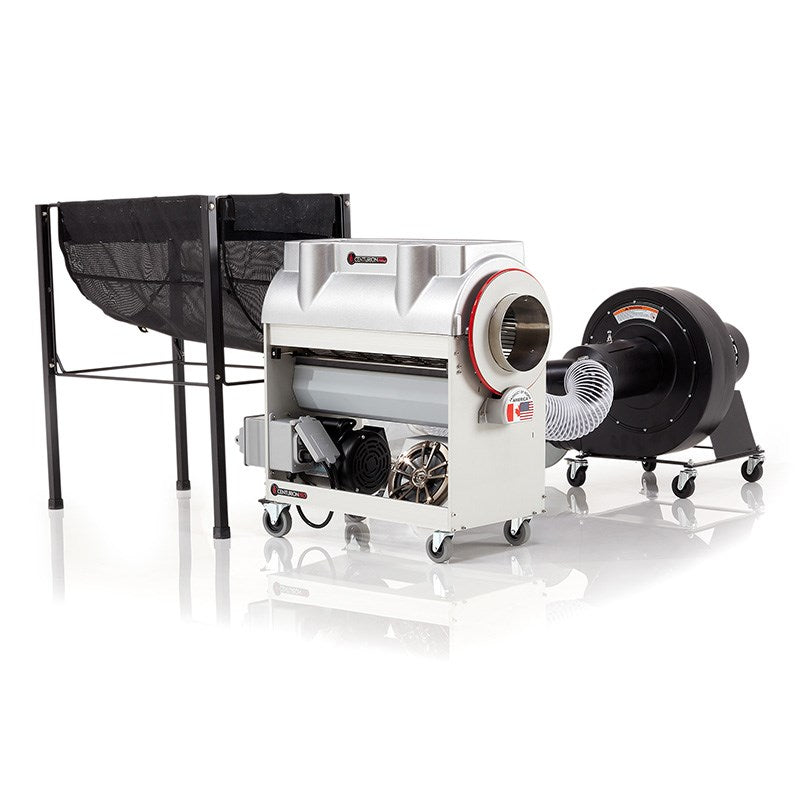Silver bullet trimmer with round front intake and black dust collector bag on wheels