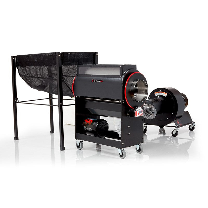 Mini trimmer on wheeled base with black canopy bag and front intake drum