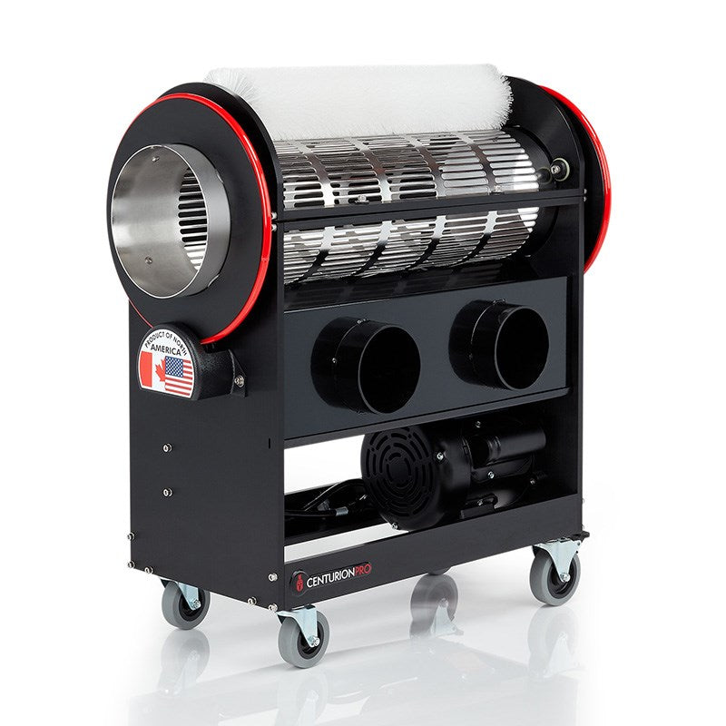 Mini trimmer with black housing, red trim, front intake opening and vented roller drum