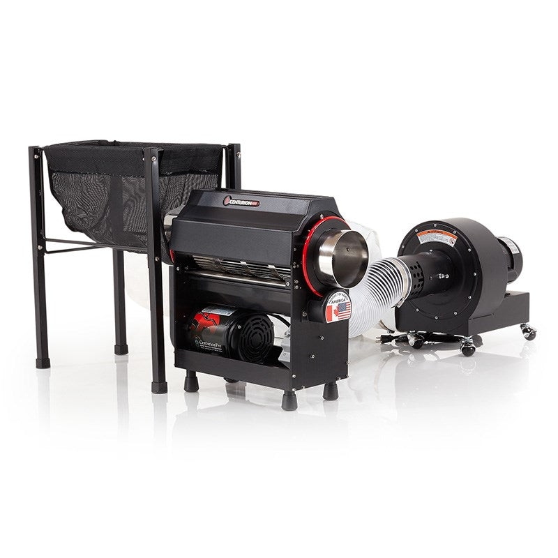 CenturionPro tabletop trimmer on stand with collection bag and circular blade