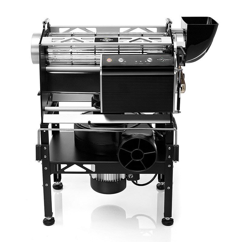 Trimmer T4 machine on metal stand, black and silver housing with side discharge chute