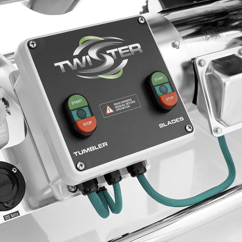 Twister control panel with start and stop buttons on trimming machine housing
