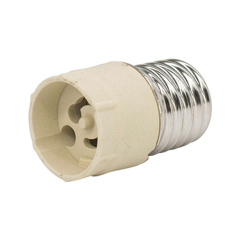 Beige lamp adapter base with three-prong socket and chrome metal screw threads