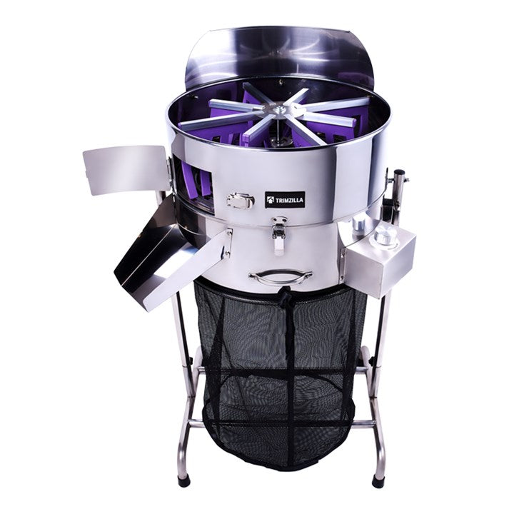 Trimzilla leaf trimmer with stainless drum, black mesh bag, and purple cutting wheel