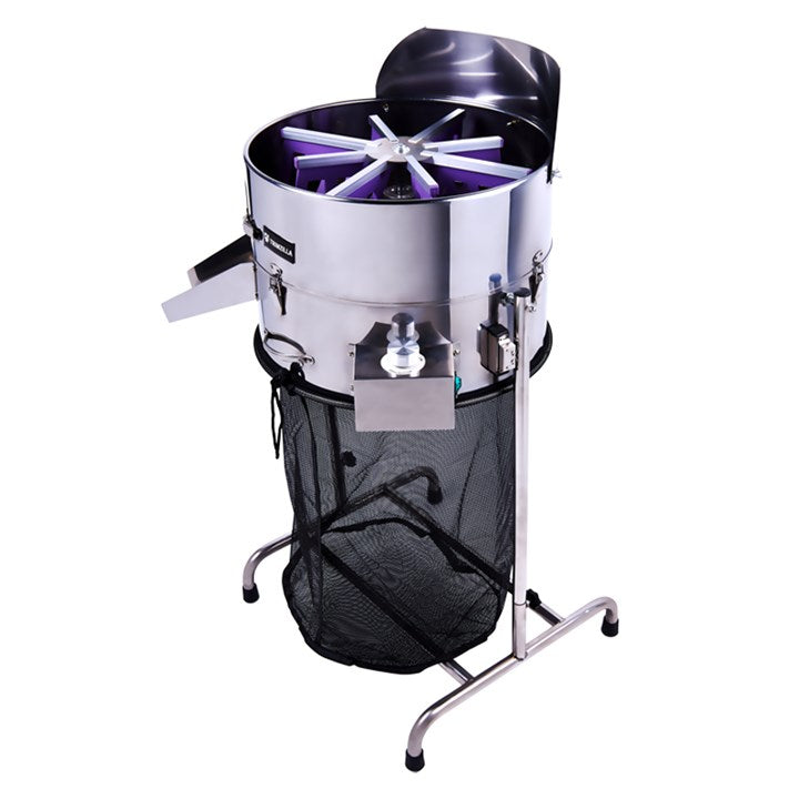 Trimzilla leaf trimmer with side chute, black mesh bag, and purple cutting hub