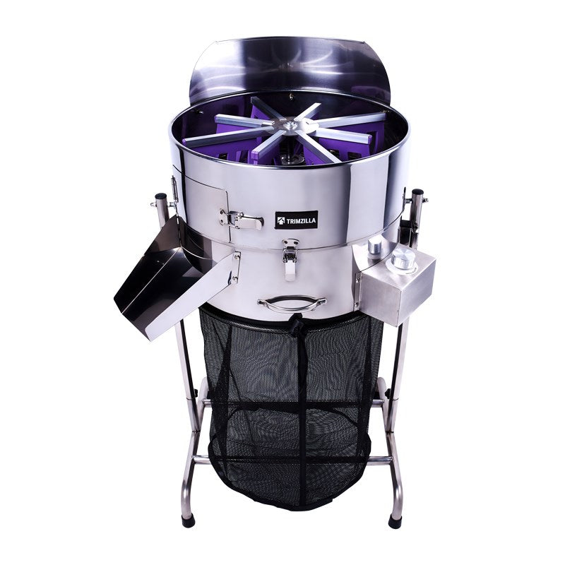 Trimzilla leaf trimmer with stainless drum, black mesh bag, and purple cutting hub