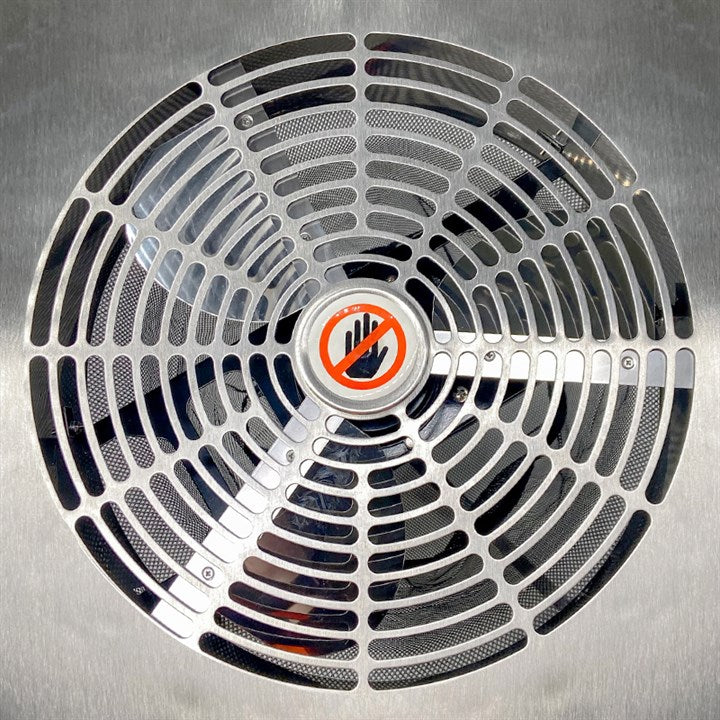 Metal fan blade assembly with red safety symbol in center