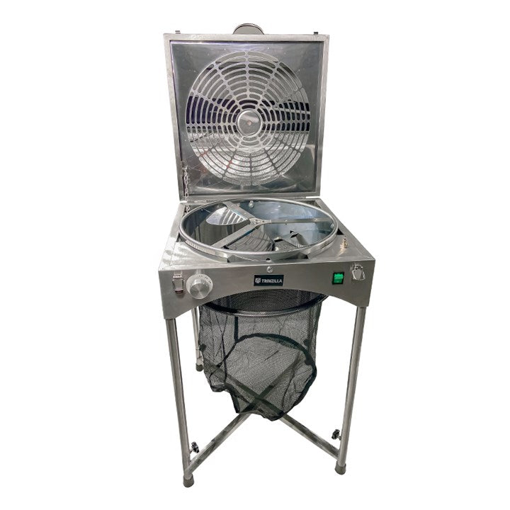 Stainless leaf trimmer with mesh bag and front control panel, lid closed