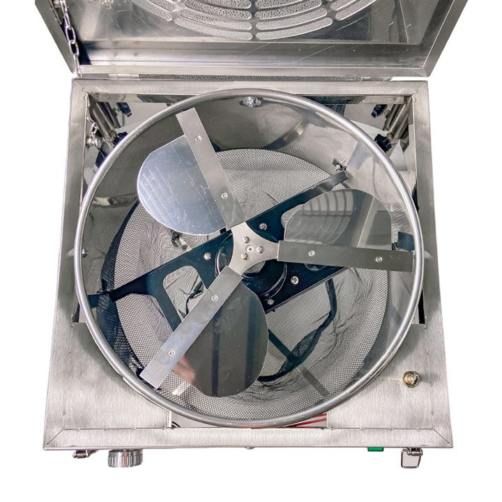 Stainless leaf trimmer with open cover and circular fan with blue blades