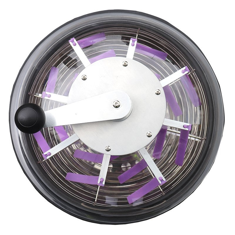 Overhead view of leaf trimmer with white hub, chrome cage, and purple blade strips