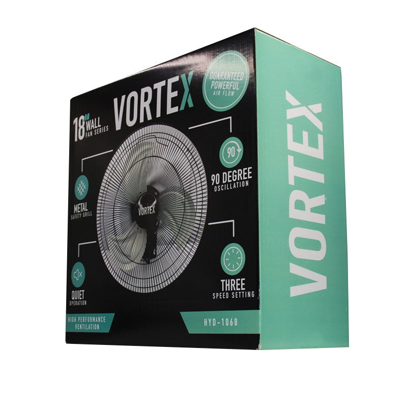 Fan product box showing VORTEX 18-inch wall fan with 90-degree oscillation and three-speed