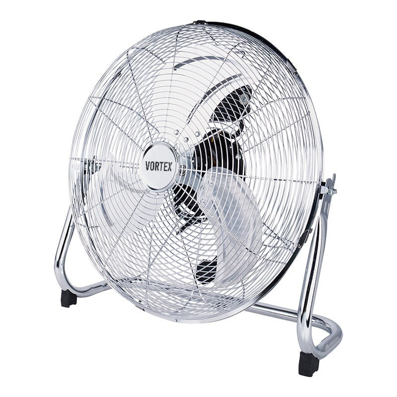 Vortex floor fan angled view with chrome wire grille, black hub, and curved metal legs