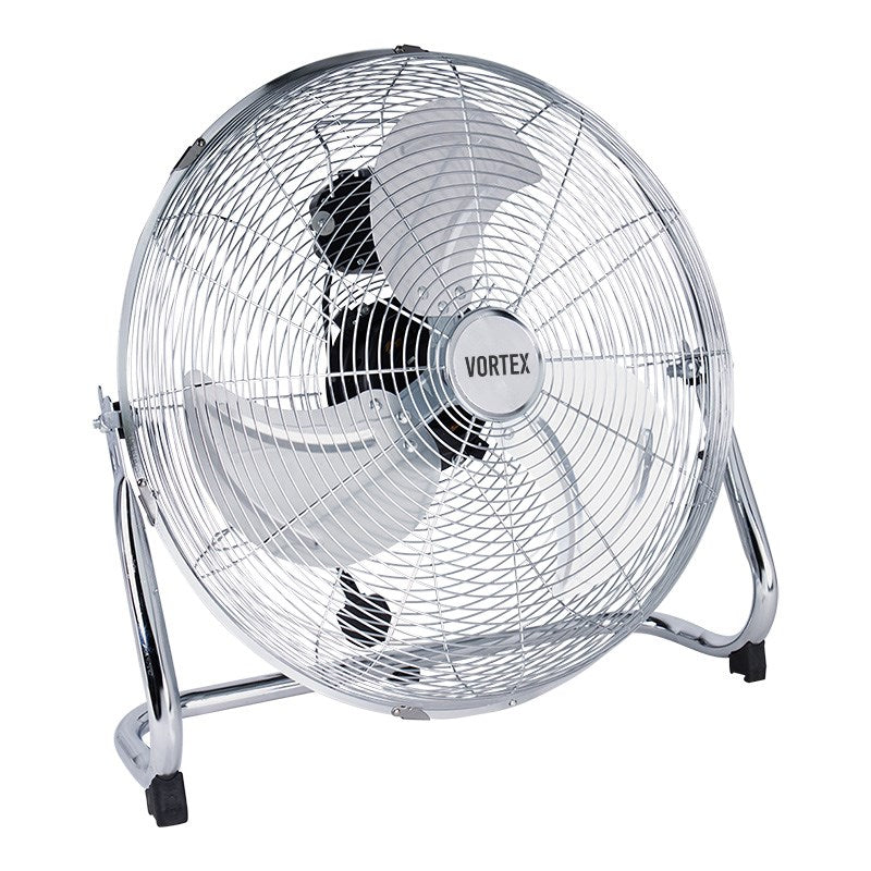 Vortex floor fan three-quarter view with chrome wire grille and metal support frame