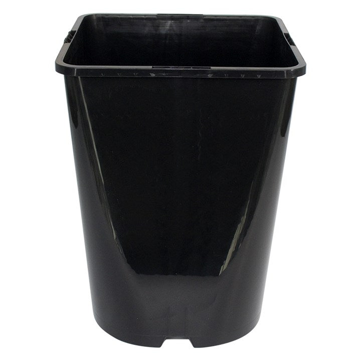 Black plastic planter pot with rectangular rim and contoured sides