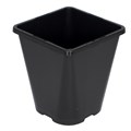 Black plastic planter pot with tapered sides and square top opening