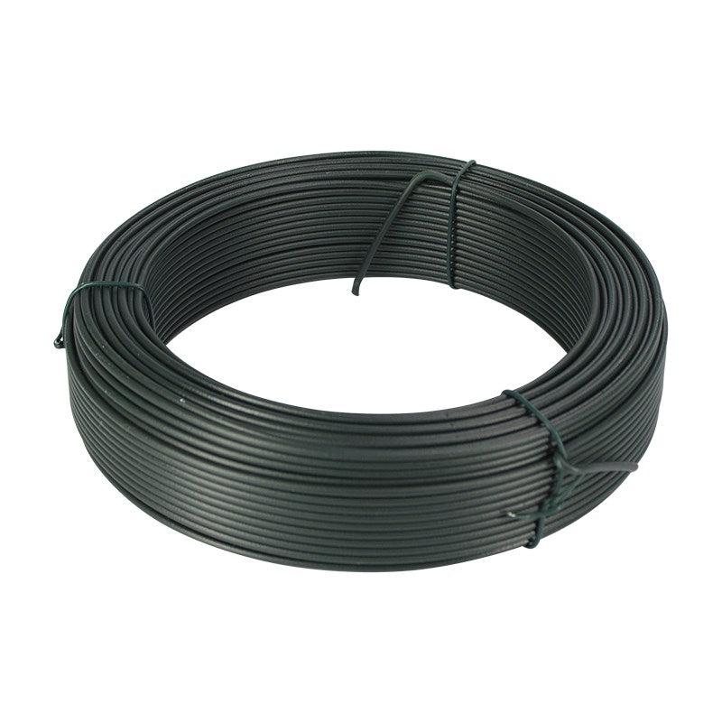 Dark green gardening wire coil with bundled strap ties