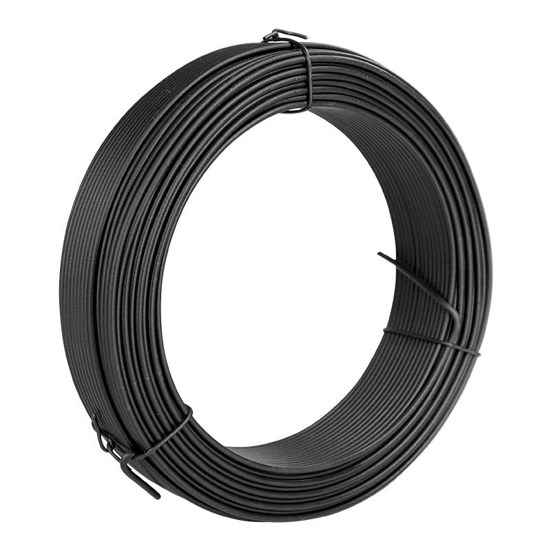 Black gardening wire coil with bundled ends and twist ties