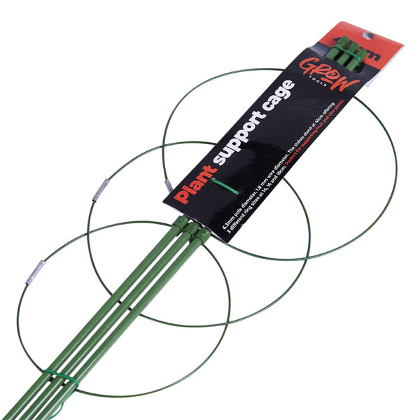 Collapsible plant support cage with green wire rings and striped rods, retail packaging.