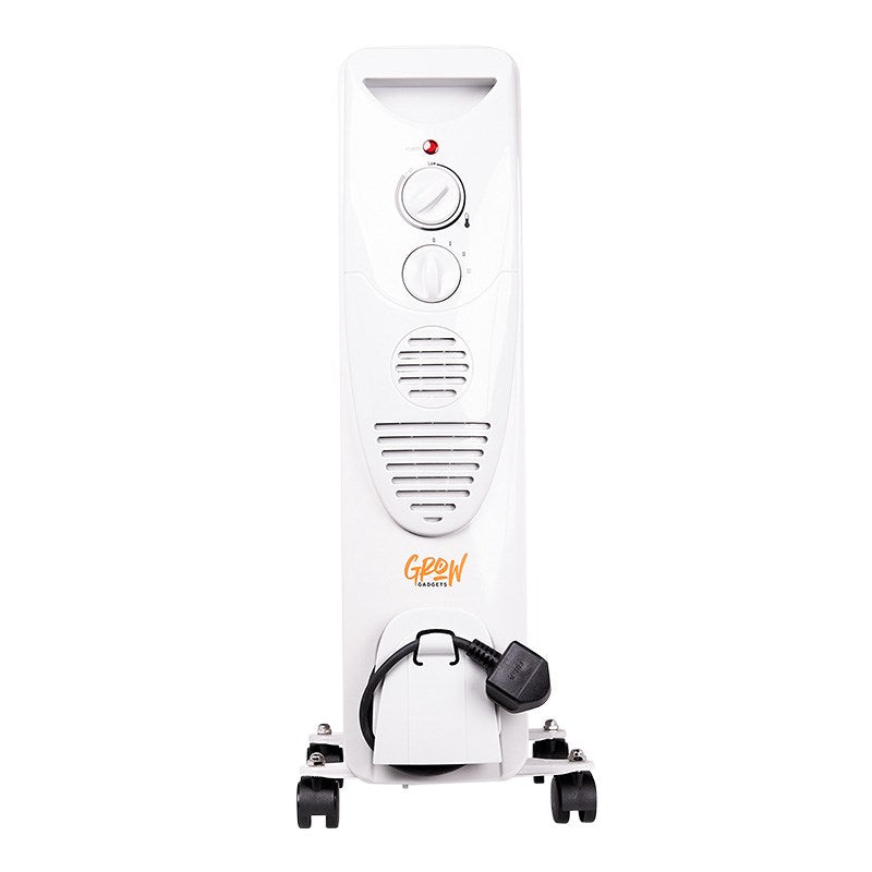 Oil-filled radiator heater with two knobs, grille vents, and bottom power cord port