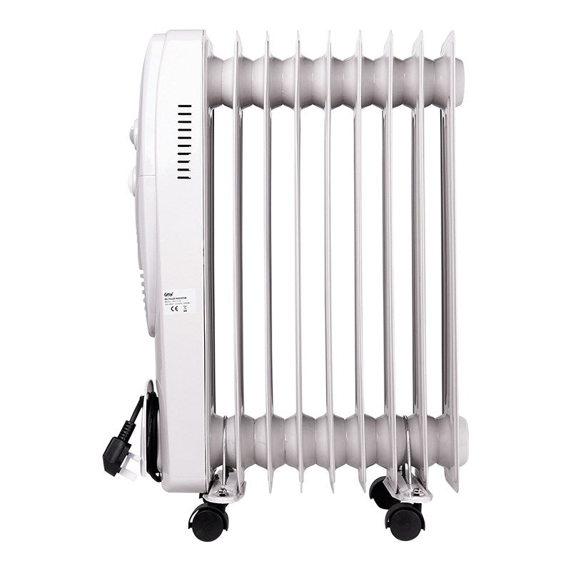 Oil-filled radiator heater with vertical fin rows and side vent openings, white casing