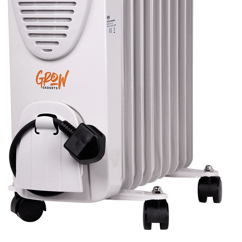 Oil-filled radiator heater with side power inlet and wheels, white with vent grille