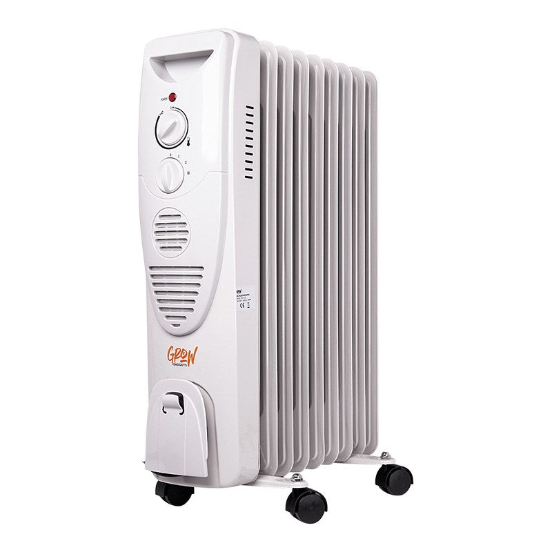 Oil-filled radiator heater on rolling wheels, side vents and control panel