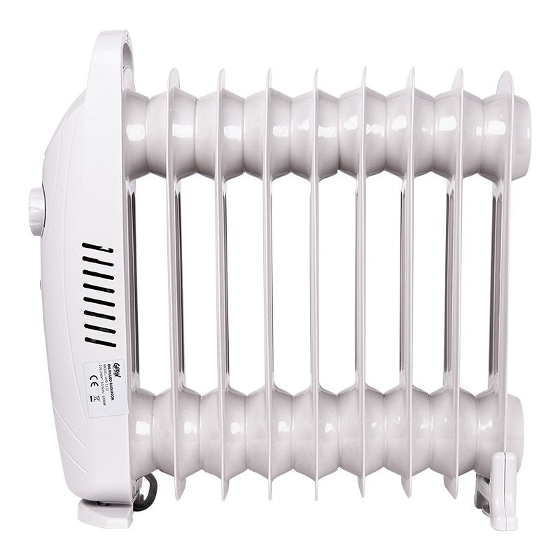 Oil-filled radiator heater side view with stacked fins and left-side air vents