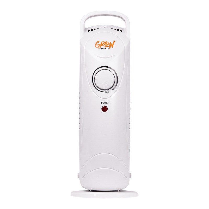 Oil-filled radiator heater with top handle, circular dial, and red power indicator, white