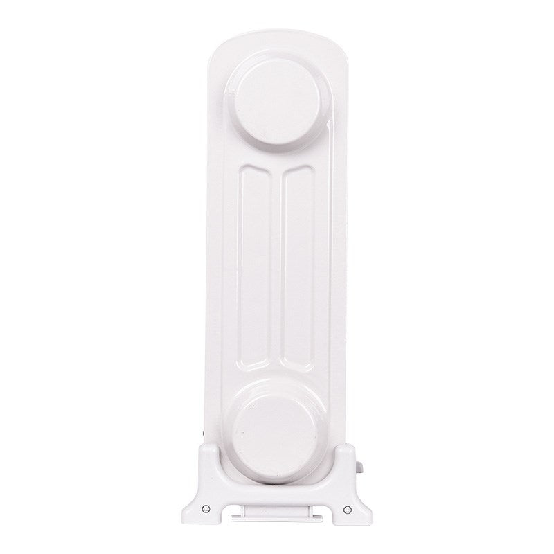 Oil-filled radiator heater rear view with top carry handle and base stand feet, white