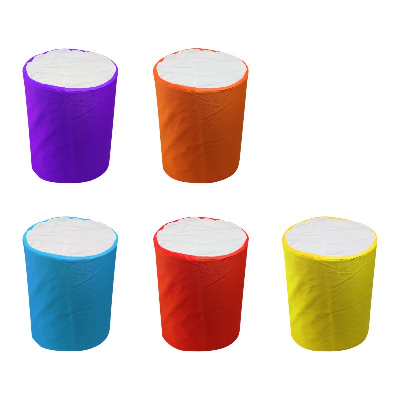 Cylindrical bubble bags set with purple, orange, light blue, red, and yellow rolls