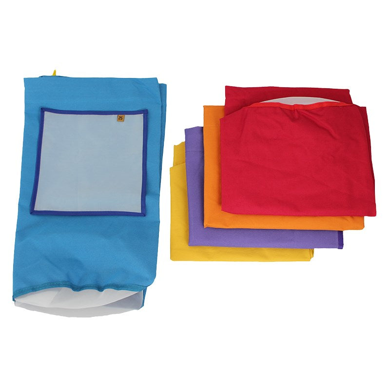 Rectangular bubble bags set with blue bag and stacked red, orange, yellow, and purple bags