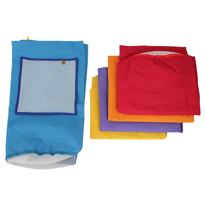 Rectangular bubble bags set with blue outer window and red, orange, yellow, and purple stacked bags