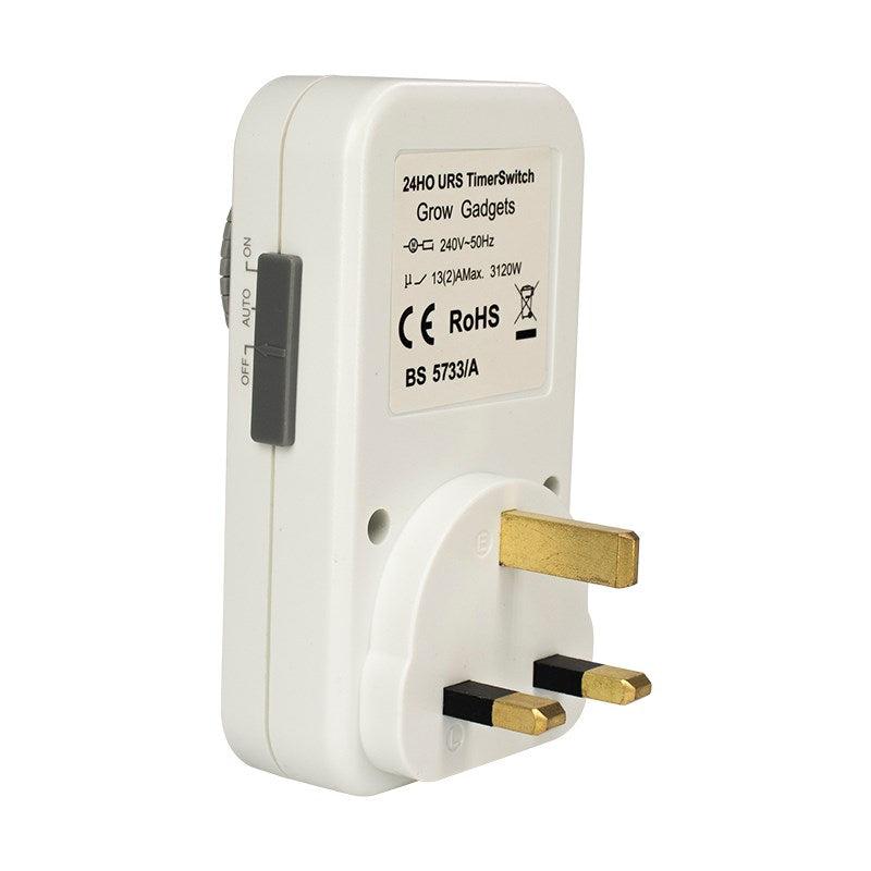 White 24-hour timer plug with EU-style plug prongs and side label