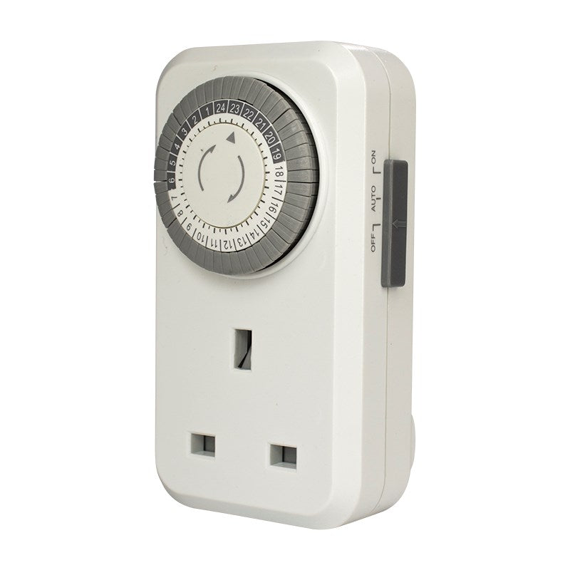 White 24-hour timer plug with rotary dial and two outlet sockets