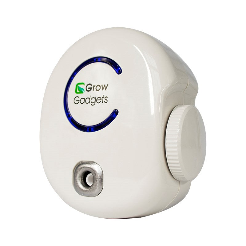 White plug-in ozone air purifier with ribbed side control and Grow Gadgets logo