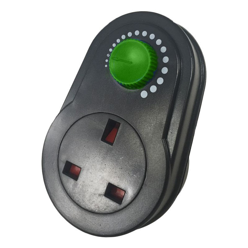 Plug-in fan speed dimmer with green control knob and three-prong socket