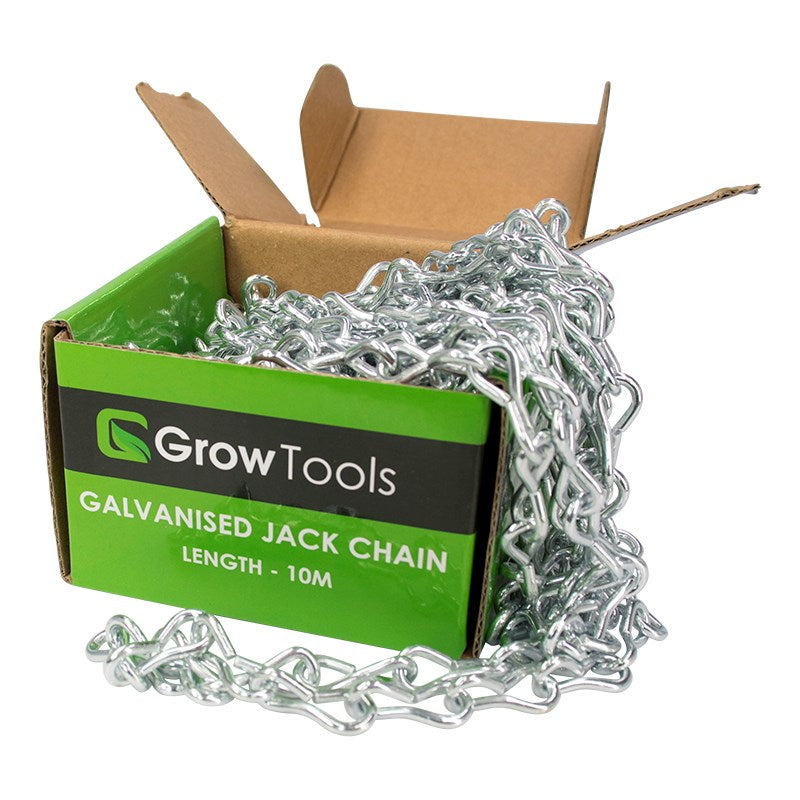 Galvanised jack chain, silver links piled in open green and black box