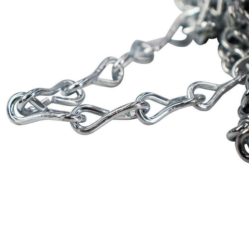 Galvanised jack chain close-up of silver metal links and hook ends