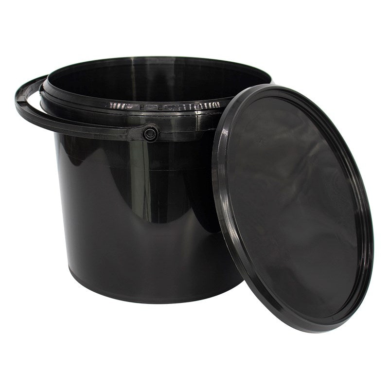 Black plastic bucket with hinged lid partially open, round rim and glossy finish.