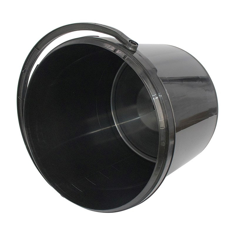 Black plastic bucket with hinged lid closed and arched carry handle, glossy.