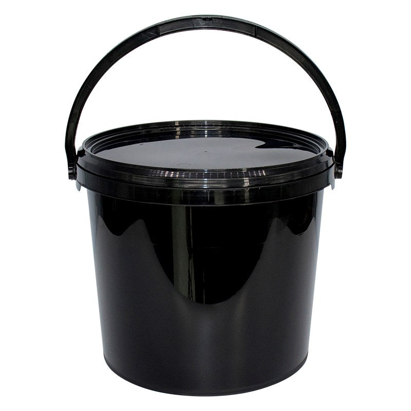 Black plastic bucket with wide carry handle, open top and smooth glossy sides.