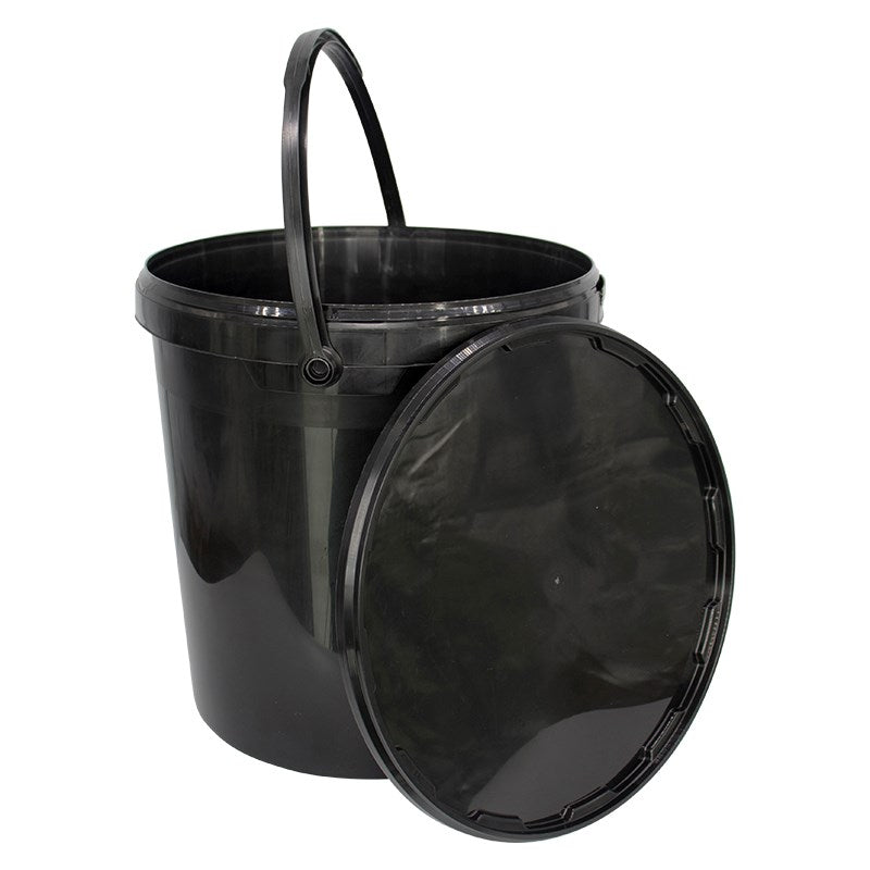 Black plastic bucket with tall handle and hinged lid, open top and glossy body.