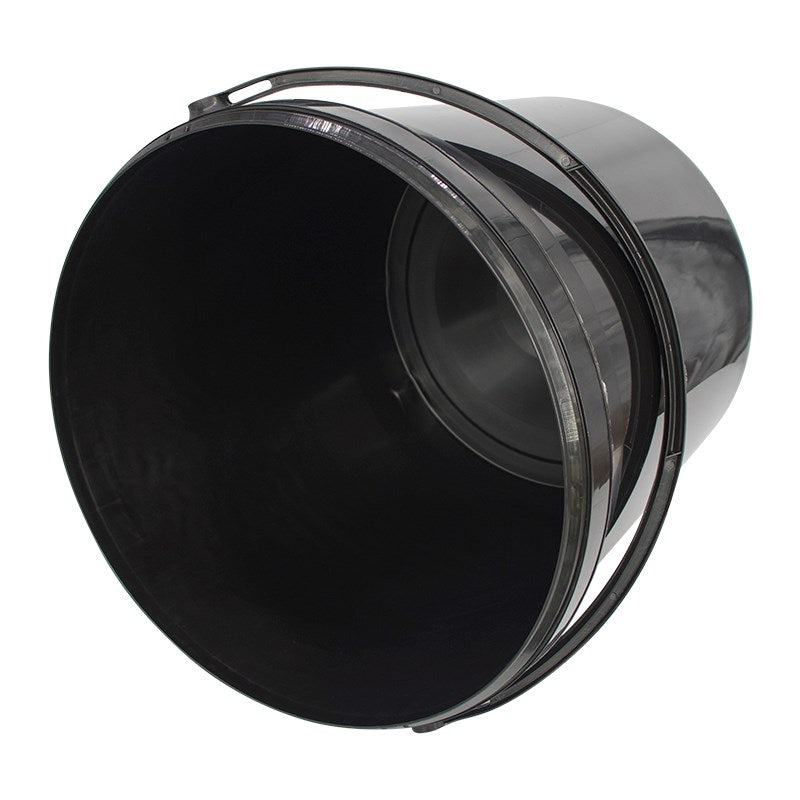 Black plastic bucket with hinged lid and arched handle, side view of rim.