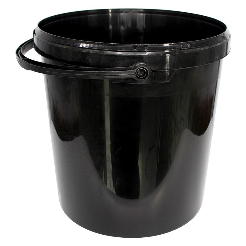 Black plastic bucket with molded latch on rim, open top and glossy finish.
