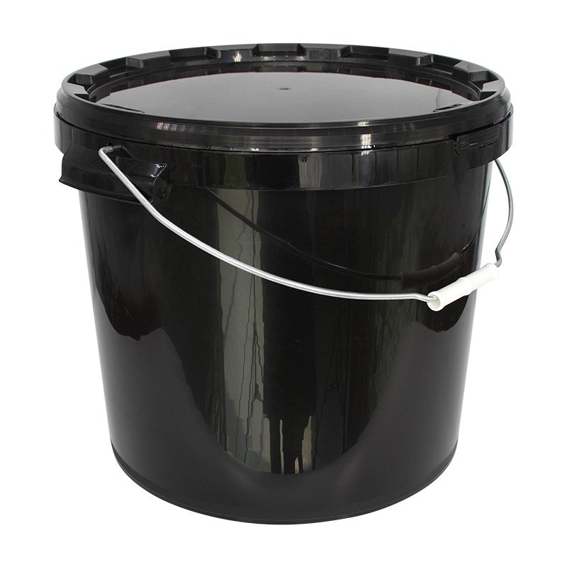 Black plastic bucket with wire handle and open top, glossy finish.