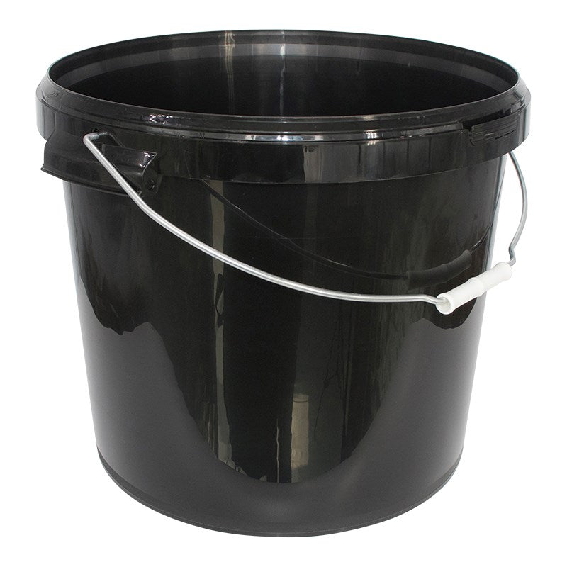 Black plastic bucket with metal wire handle and open top, glossy exterior.